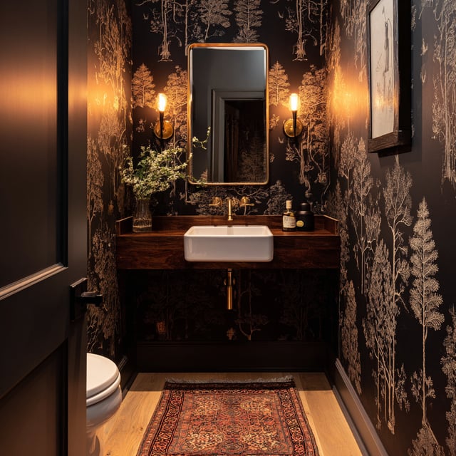 A moody powder room featuring black wallpaper with a gold tree-and-forest design, a dark wood floating vanity with a white vessel sink, and brass fixtures.