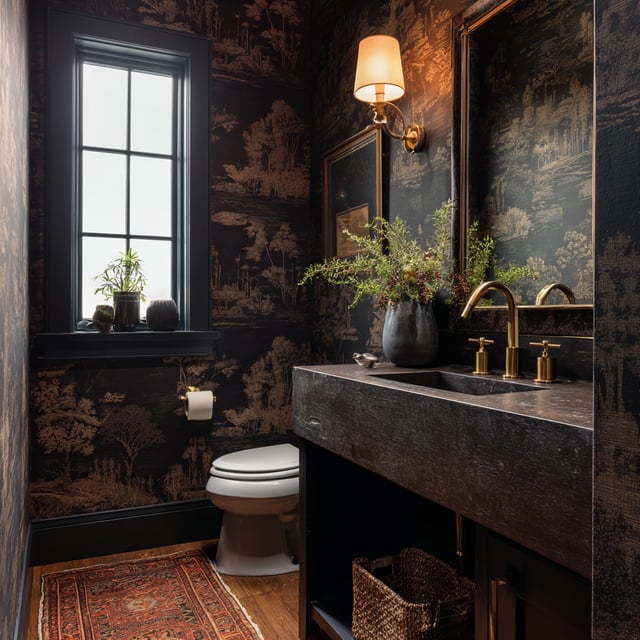 Moody powder room with tree wallpaper and brass fixtures.