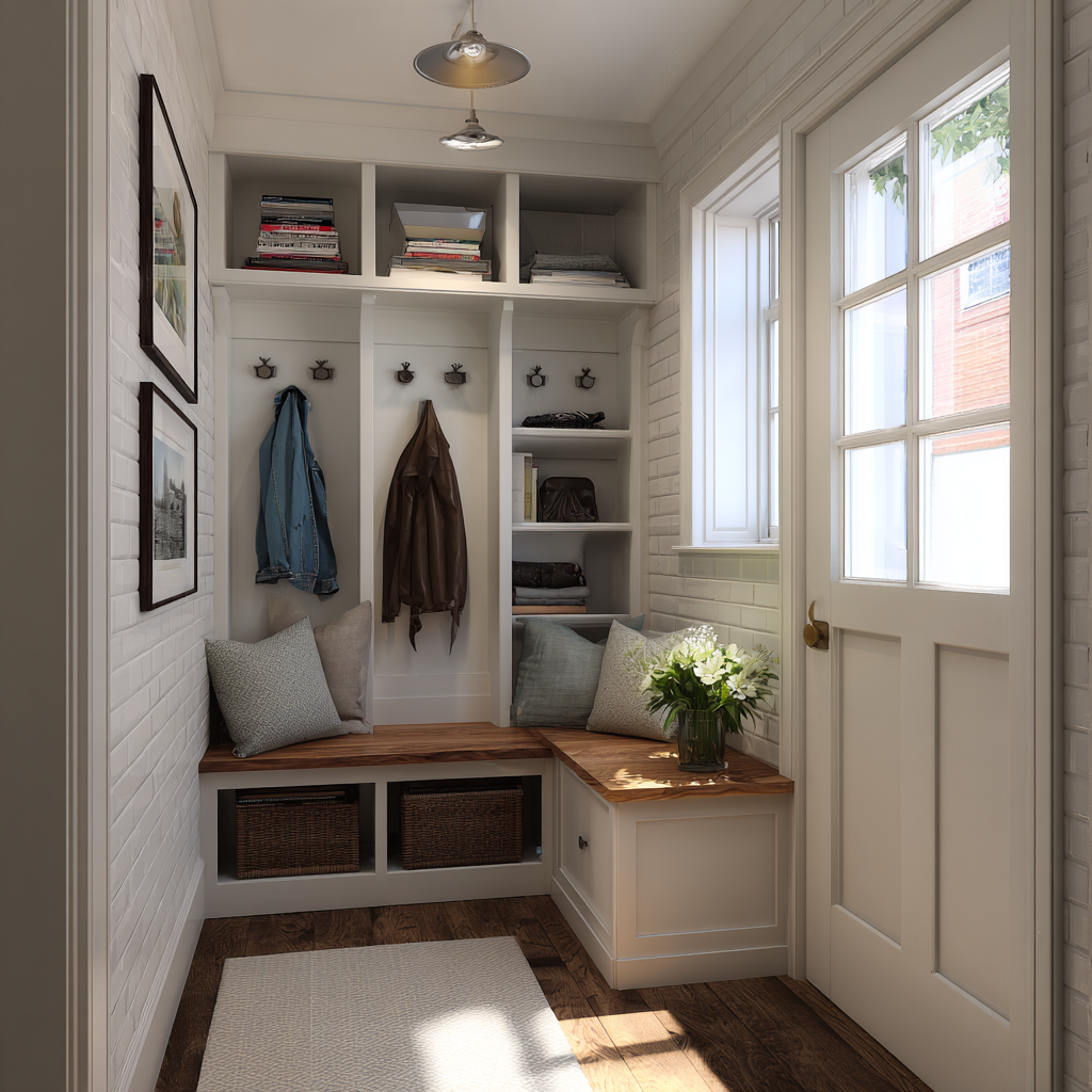 A cozy, L-shaped mudroom nook with white subway tile walls features built-in white cubbies and an L-shaped bench with a natural wood seat, providing storage baskets underneath and adorned with throw pillows, centered around a white door with a window and a dark wood floor with a light-colored rug, all illuminated by a metal pendant light.