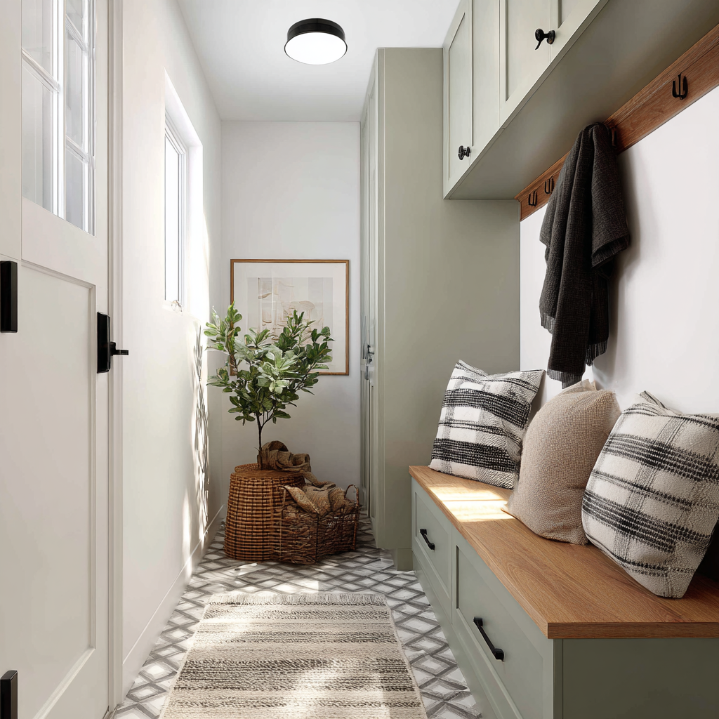 A compact mudroom with light gray walls features a built-in bench and upper cabinetry painted a soft sage green, with a natural wood bench seat, three throw pillows, and wood-backed wall hooks above the bench, all set on a patterned tiled floor with a rectangular rug and illuminated by a black flush mount ceiling light, with a potted plant on a woven basket near a window and a closed white door.