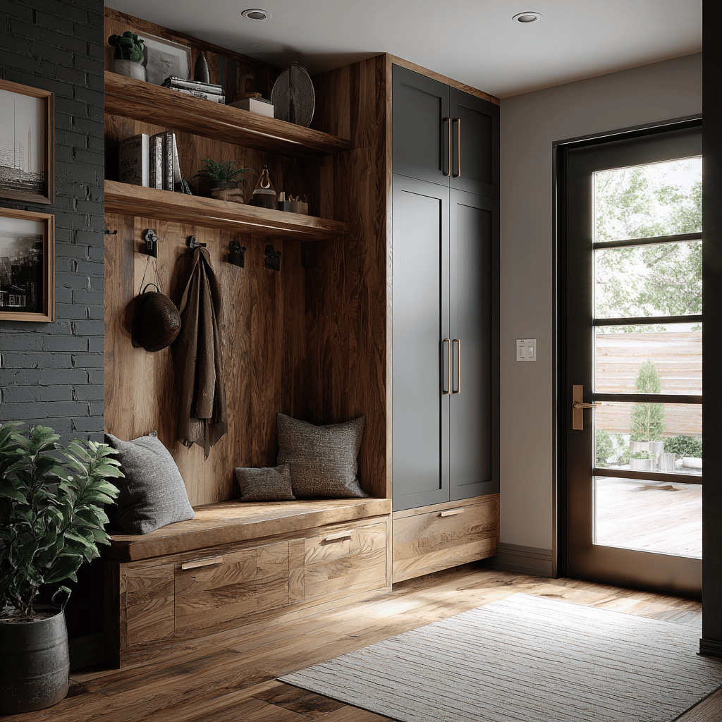 A modern mudroom with wood and dark cabinetry.