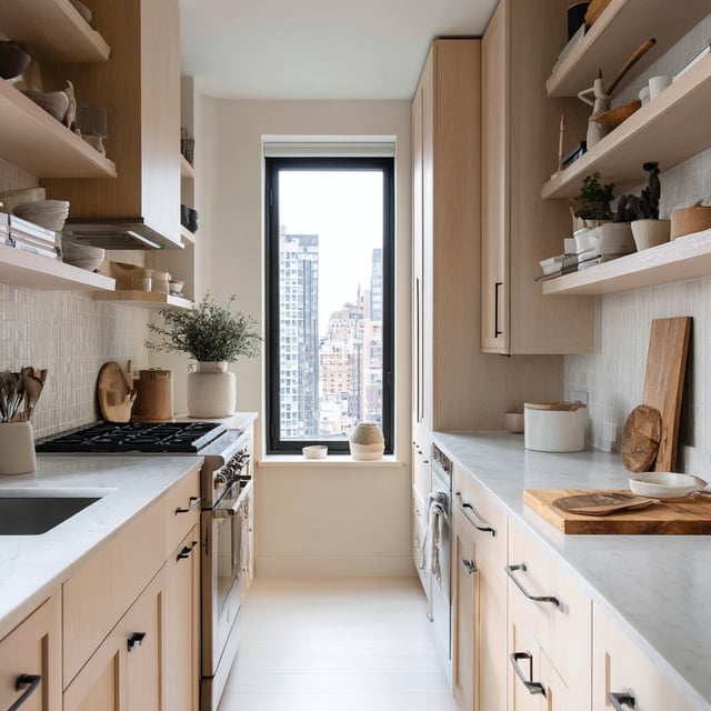 Light galley kitchen with wood cabinets and city window.