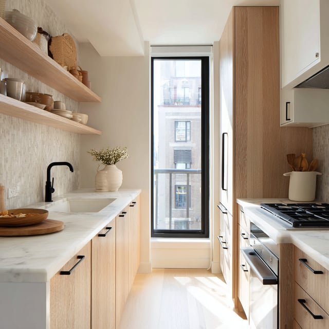 Modern galley kitchen with light wood and marble counters.