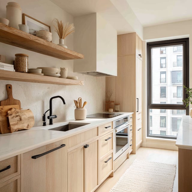 Chic galley kitchen with light wood, black faucet, and rug.