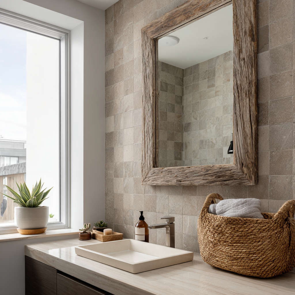 Rustic bathroom with textured tile and natural wood mirror.