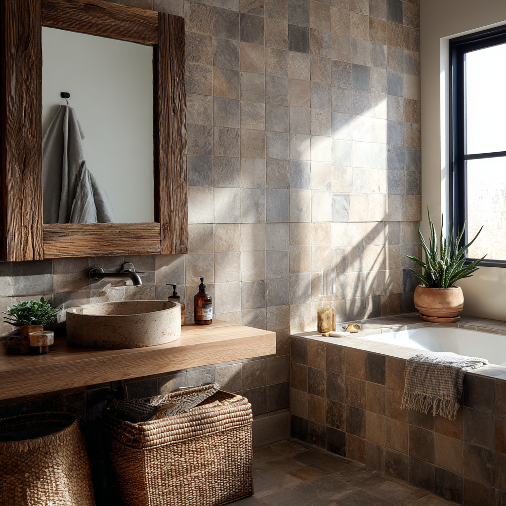 Rustic bathroom with stone tiles and a wood vanity.