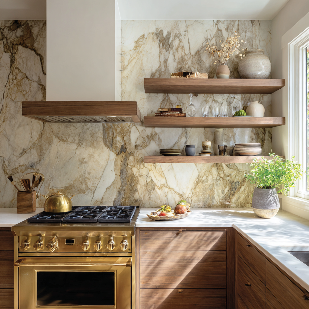 A luxurious kitchen features a natural stone backsplash with prominent gold and white veining, a shiny gold-toned range, and warm, horizontally-grained wooden cabinets and floating shelves.