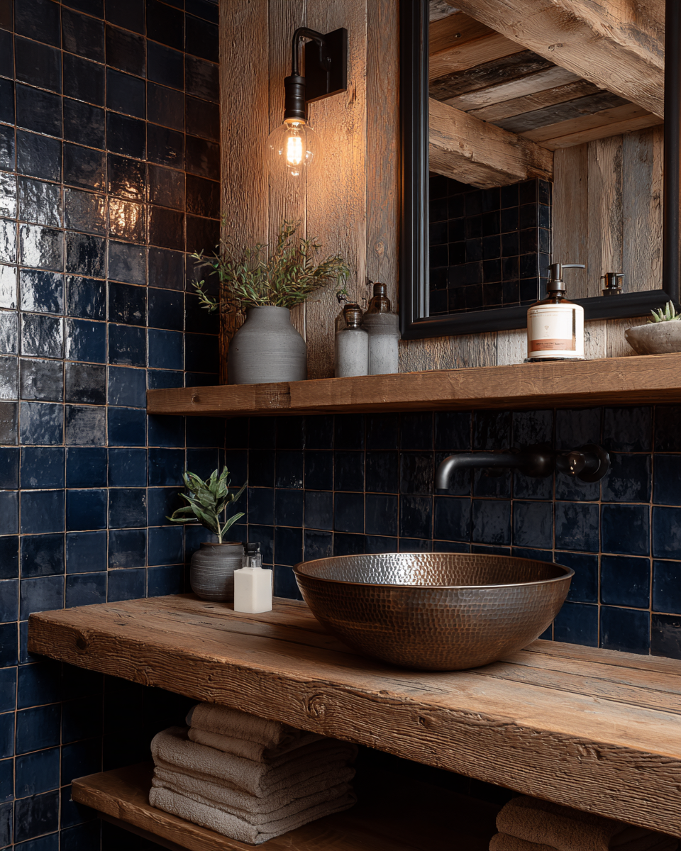 Navy glazed square tile bathroom with hammered copper vessel sink and reclaimed wood floating shelf.