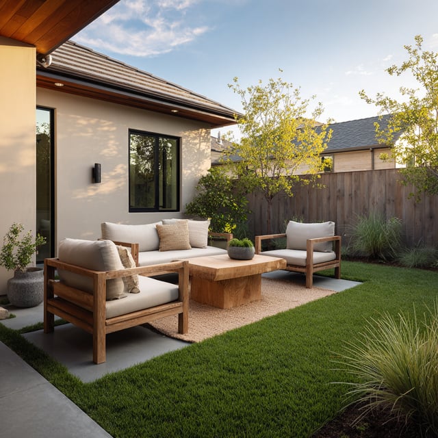 A modern backyard patio features light wood outdoor furniture with neutral cushions, a low wooden coffee table, and a surrounding lawn and garden.