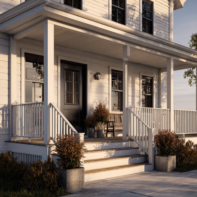 White farmhouse with a cozy porch, black door, and planters.