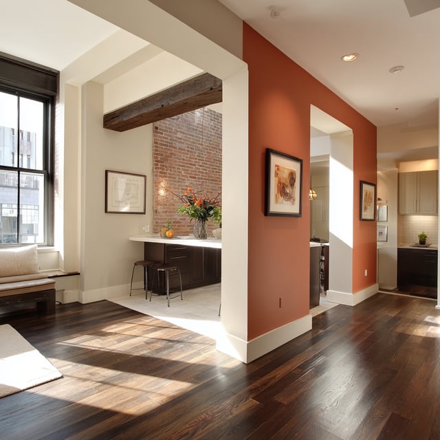 Modern open home with dark wood floors and terracotta walls.