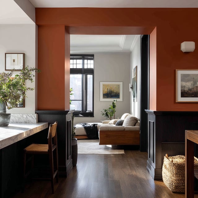 Open-concept living space with prominent orange walls and dark wood floors.