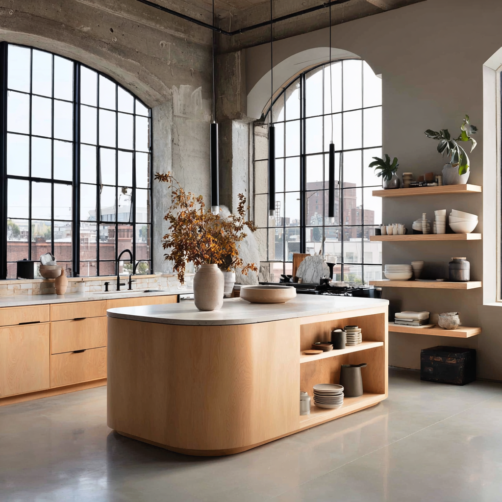 Minimalist loft kitchen with light wood and arched windows.