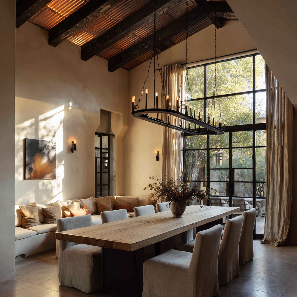 An open dining room with dark wood beams.