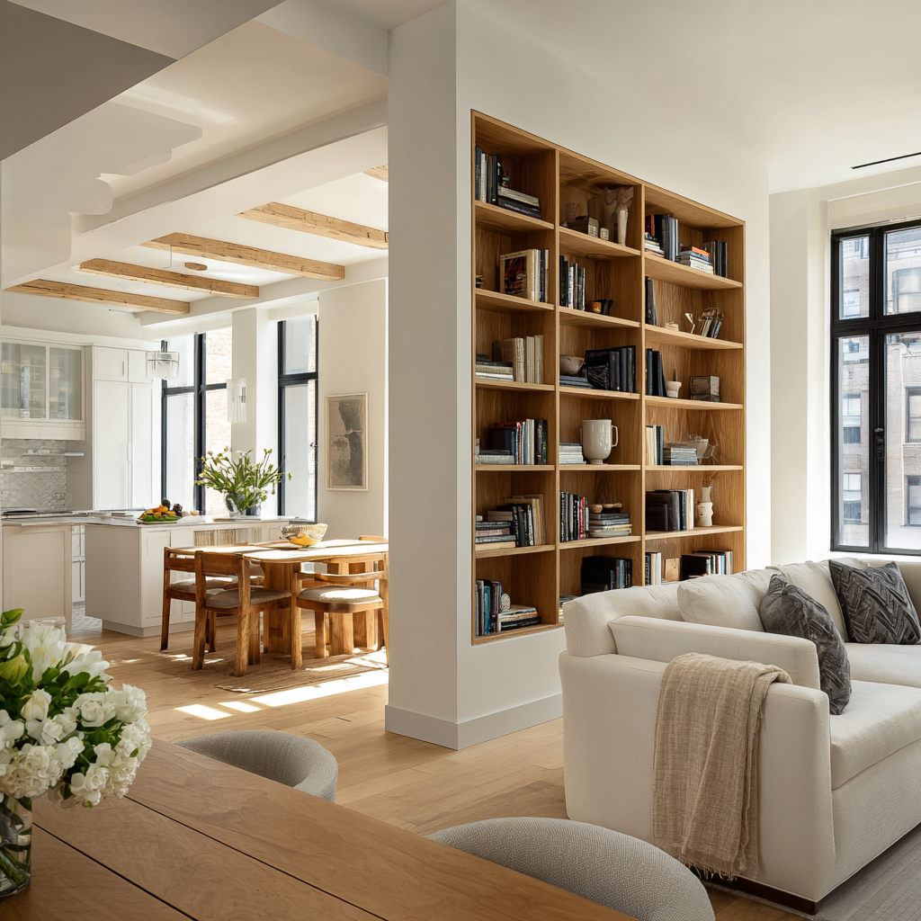 An open floor plan living and dining area featuring a recessed wood bookshelf and white sofa.