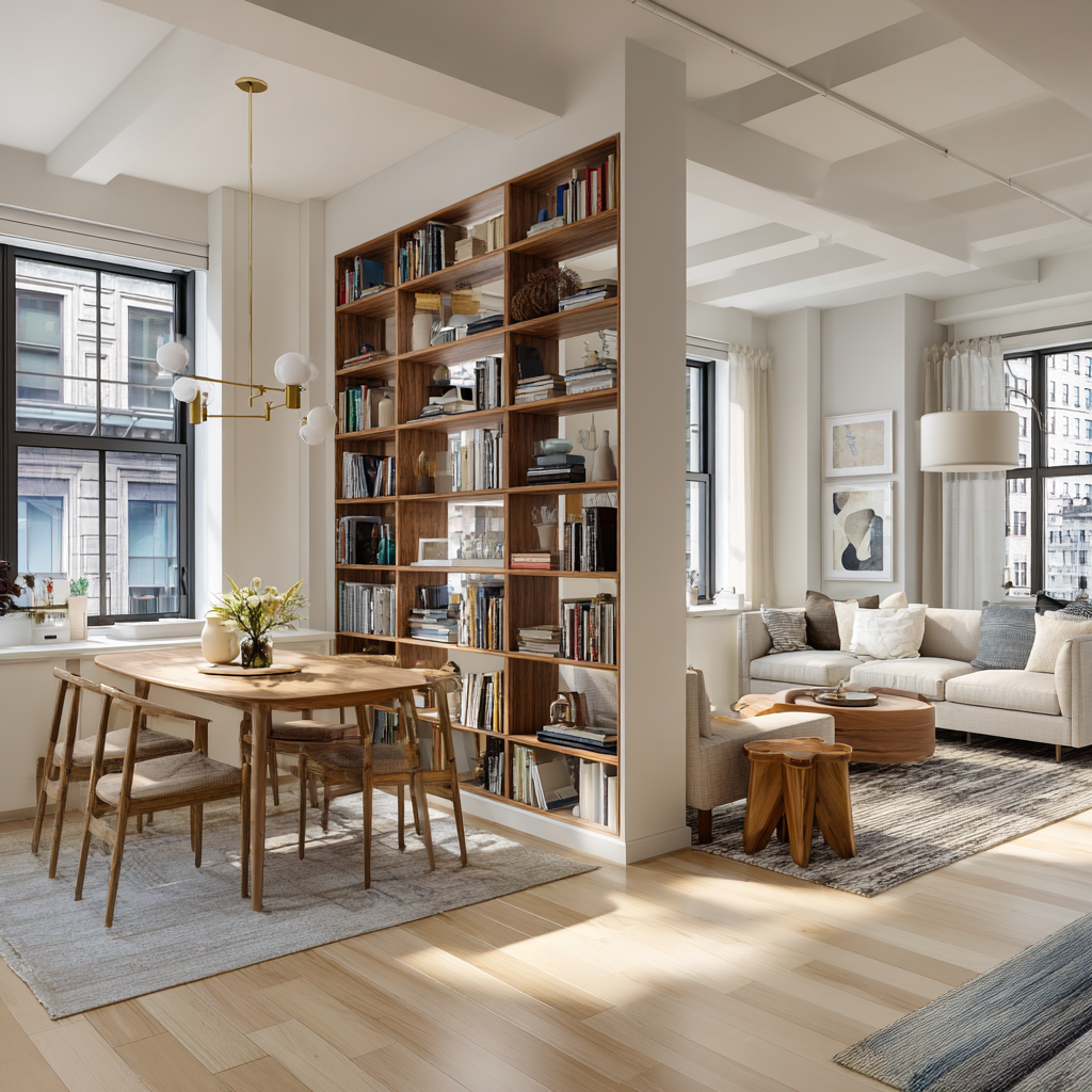 An airy, open-concept living and dining area divided by a large floor-to-ceiling wood bookshelf.