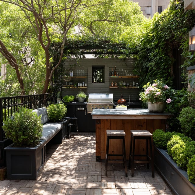  Lush, sun-drenched outdoor kitchen and patio featuring a built-in stainless steel grill, rustic wood-paneled island with stone countertop, and dark cabinetry. 