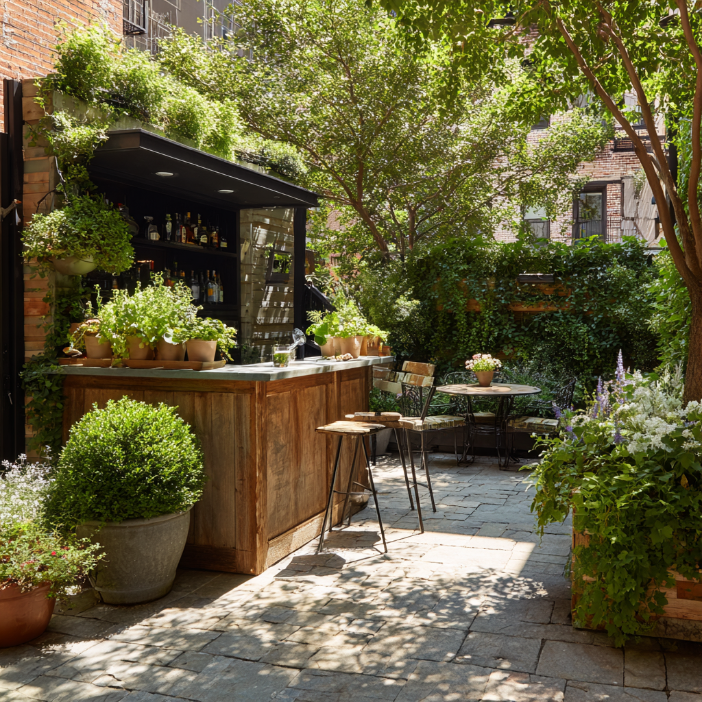 An outdoor kitchen surrounded by mature green hedges.