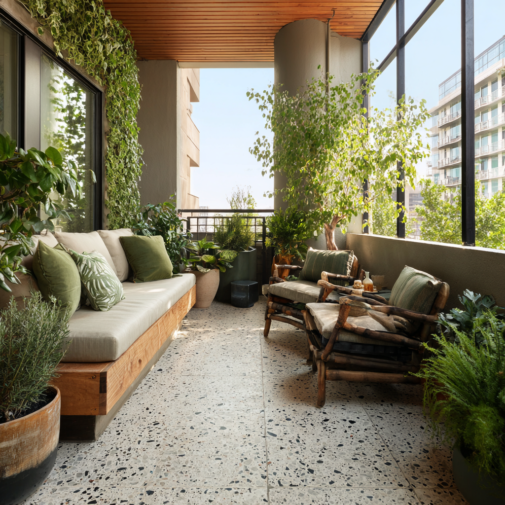 An inviting, jungle-like outdoor balcony features rustic-textured light-gray terrazzo tiles, a built-in wooden bench with a light cushion and green pillows, two rustic wood-and-bamboo armchairs with matching cushions, and a plethora of lush potted and climbing greenery, all under a wood-paneled ceiling with an urban background visible through the railings.