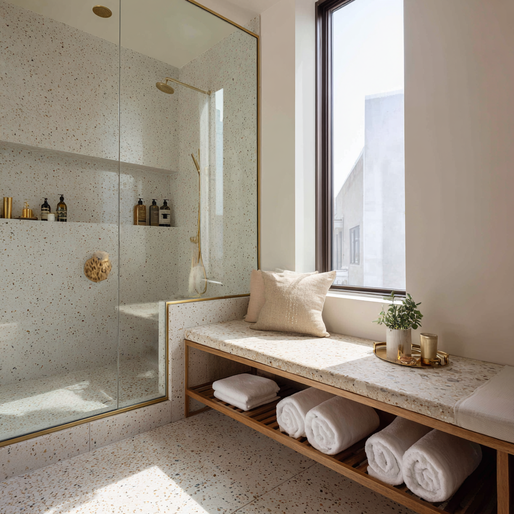 A bright, modern bathroom with a glass-enclosed terrazzo shower, brass fixtures, built-in shelving, and a long terrazzo bench beneath a window with neatly rolled towels and minimal decor.