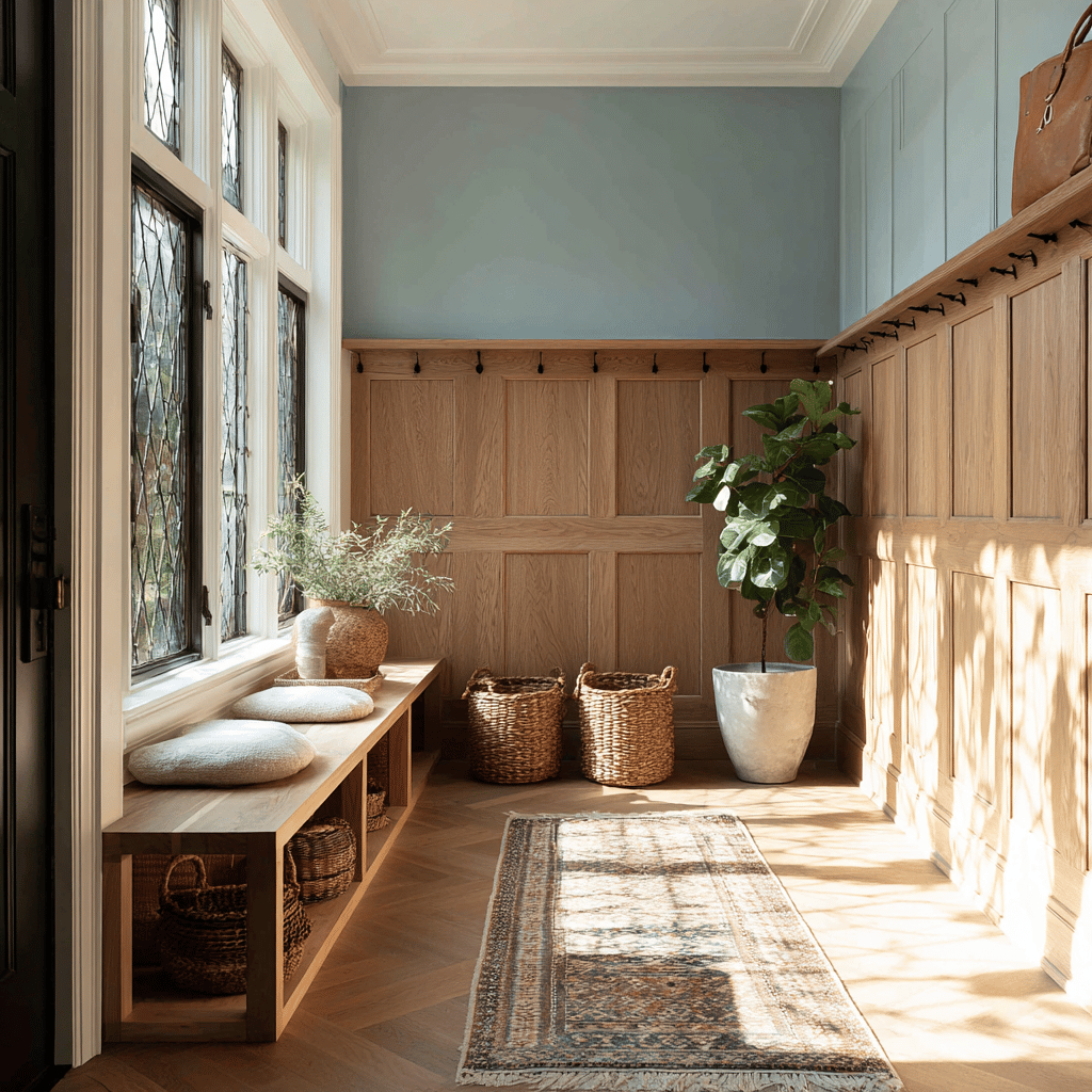 Mudroom with wood paneling, a bench, and blue upper walls.
