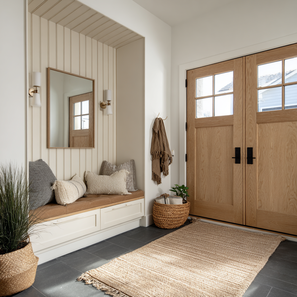 Entryway with a built-in bench, wood doors, and a jute rug.