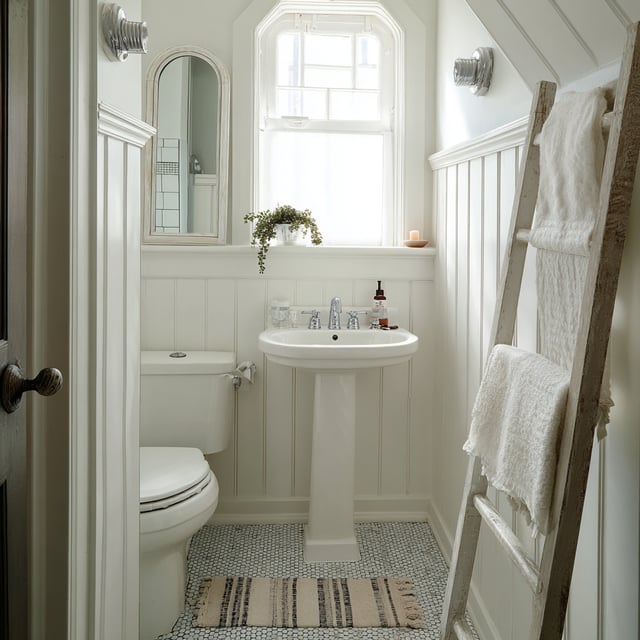 A narrow, brightly lit cottage-style bathroom characterized by vintage charm and white-on-white textures.