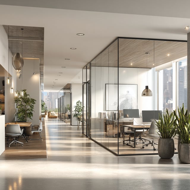 Modern glass-walled office with wooden floors and plants.