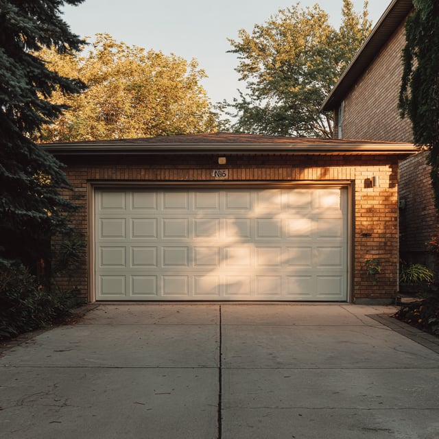 A white, paneled garage door on a brick house.