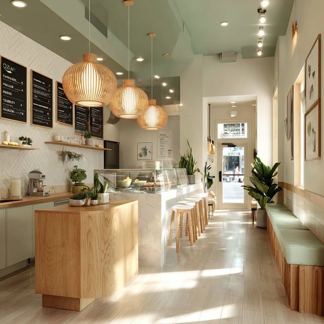 Minimalist shop with wood accents and woven pendant lamps.