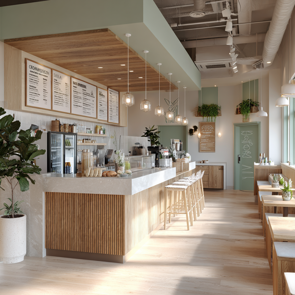 Modern cafe with wood slats, marble bar, and green accents.