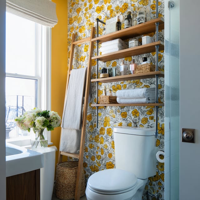 An eclectic bathroom featuring a bold, yellow and white floral wallpaper as the focal point.