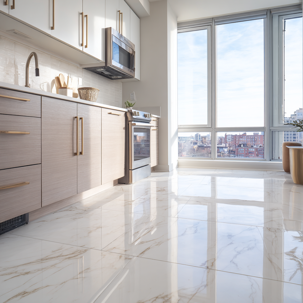 A bright, modern kitchen featuring high-gloss porcelain marble-look tile and light wood-textured cabinets.