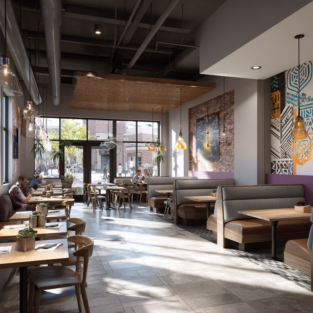The image displays a brightly lit quick-service restaurant dining area featuring mixed seating, including tables with chairs and booth seating, with exposed ceiling ducts and a colorful graphic mural on the back wall.