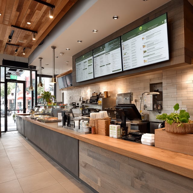 The image shows the interior of a quick-service restaurant with a long wooden counter, a tiled wall, and three digital menu boards mounted above the counter.