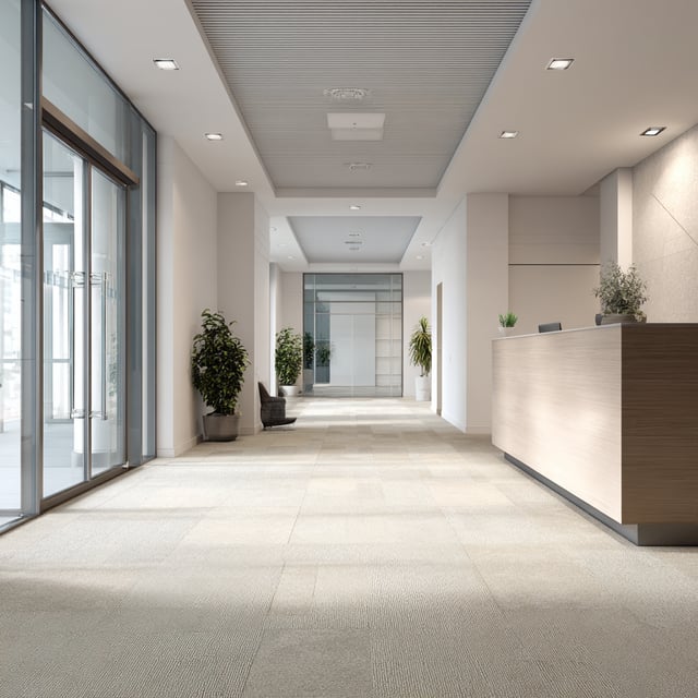 Interior view of an office hallway with a reception desk and glass doors.