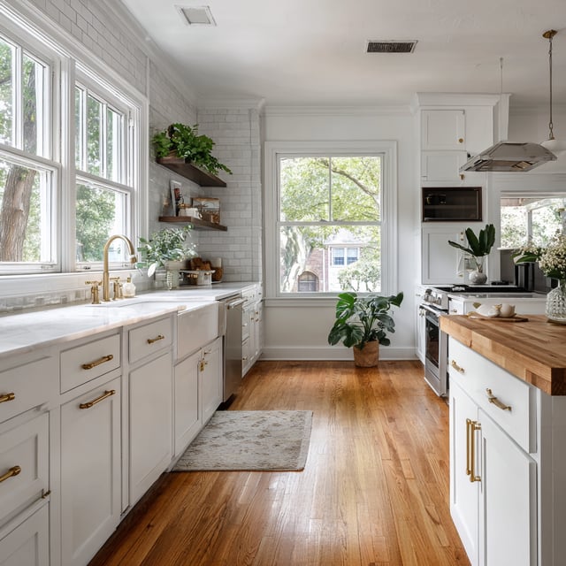  Bright white kitchen with brass hardware and wood floors.