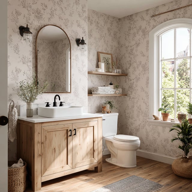 Rustic bathroom with floral wallpaper and wood vanity.
