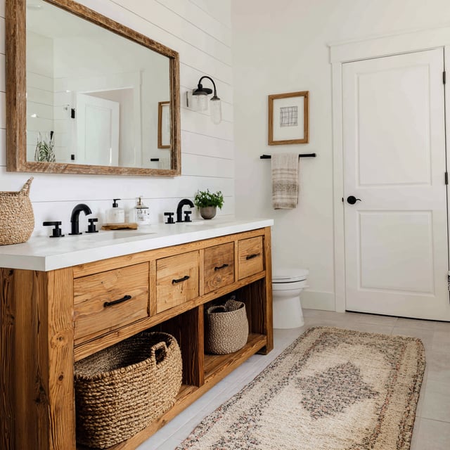 Rustic wood vanity with black faucets and white shiplap wall.
