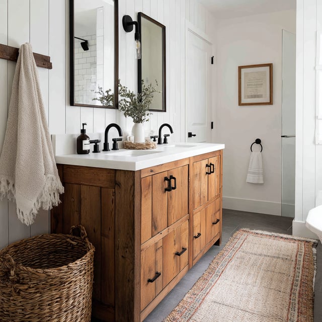 Farmhouse bathroom with a wood vanity and black fixtures.