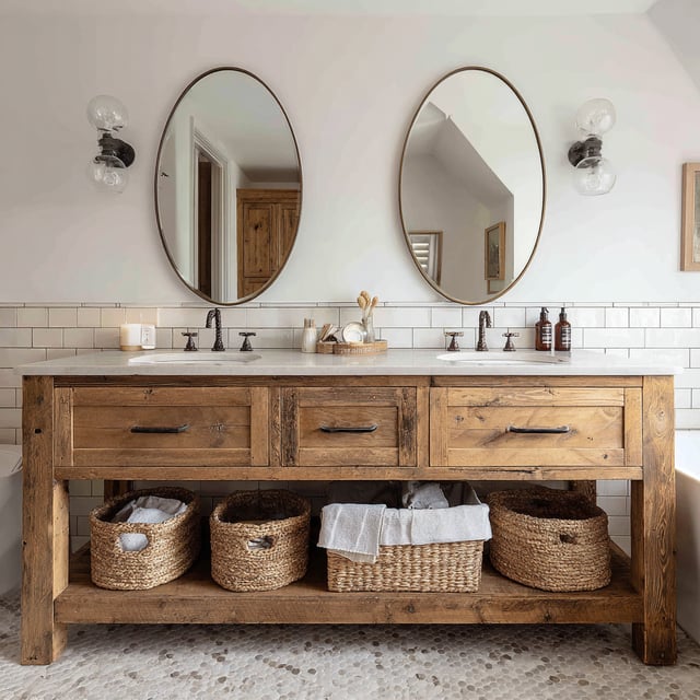 Rustic wood double vanity with oval mirrors and baskets.
