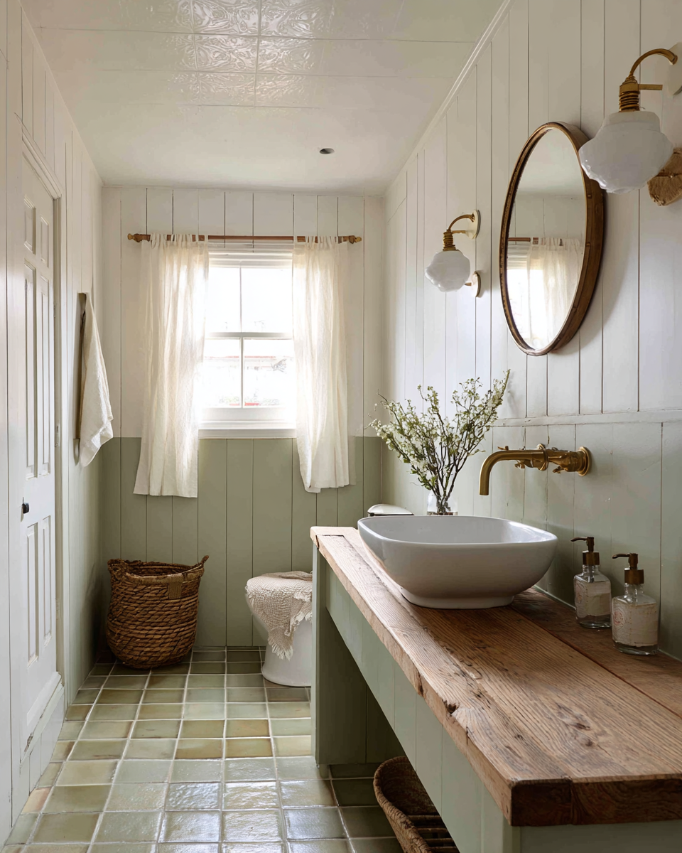 White and sage two-tone paneled bathroom with live edge vanity, oval brass mirror, and milk glass sconces.