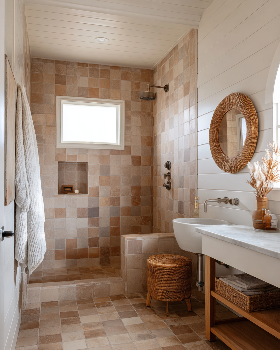 Warm square tile shower with built-in niche, white shiplap walls, apron-front sink, and rattan mirror.
