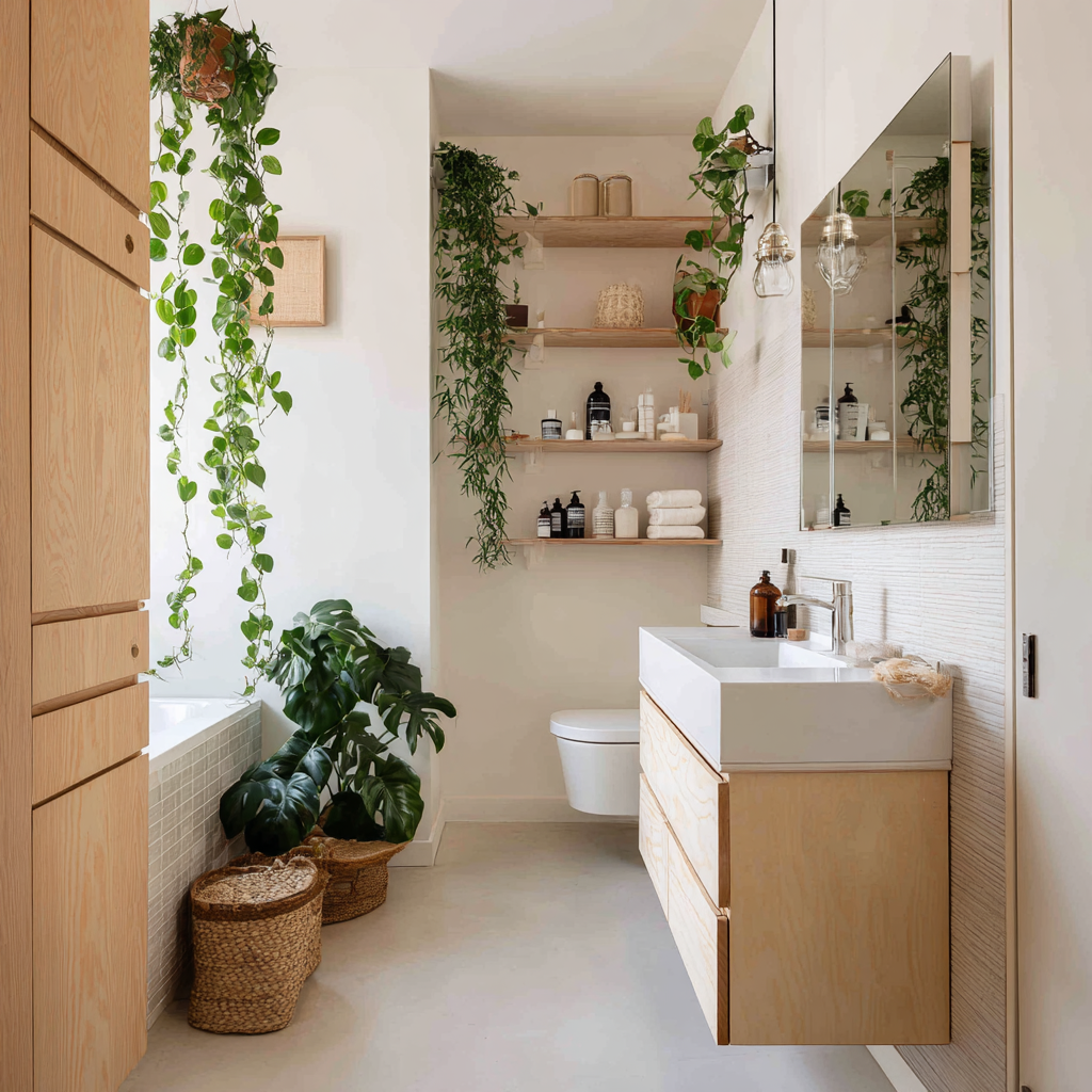 A Scandinavian-inspired apartment bathroom featuring lush trailing plants, light wood floating shelves, and a matching light wood vanity with a white vessel sink.