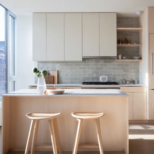 Modern Scandi kitchen with wood island, stools, and tiles.