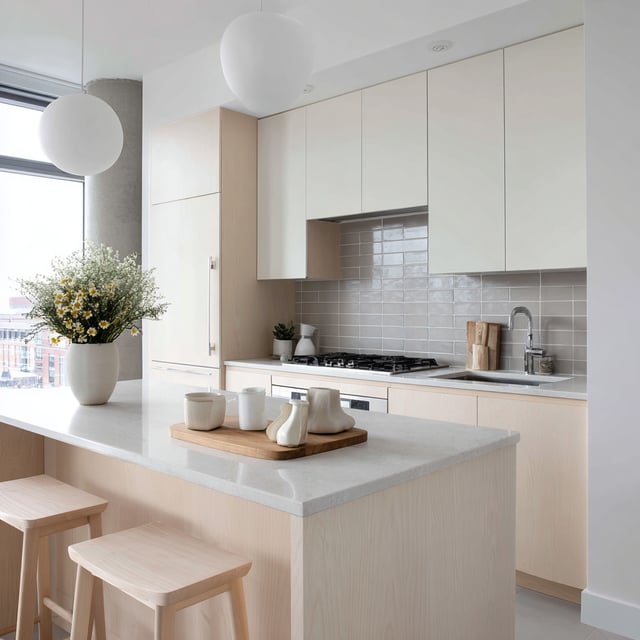 Modern Scandi kitchen with light wood and globe lighting.