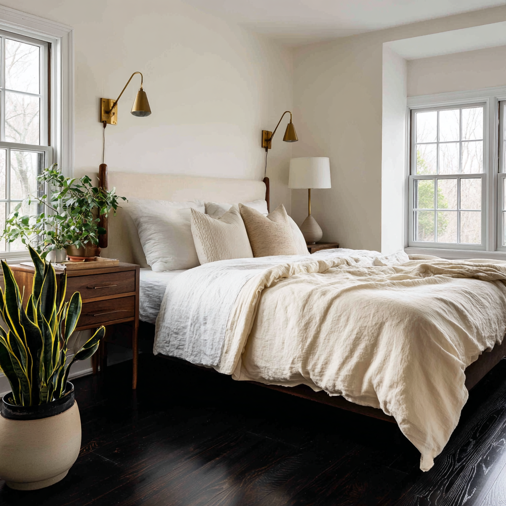 A serene bedroom featuring dark wood floors and neutral linens.