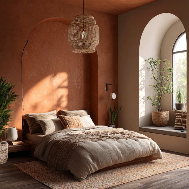 Terracotta bedroom with arched details and woven light.