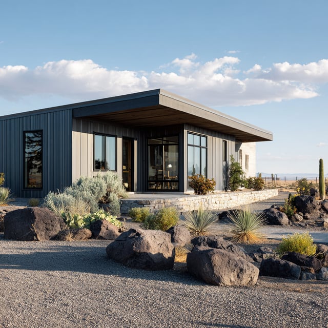 Modern, one-story house with a flat roof in a desert landscape surrounded by large rocks and low-lying, drought-tolerant plants.