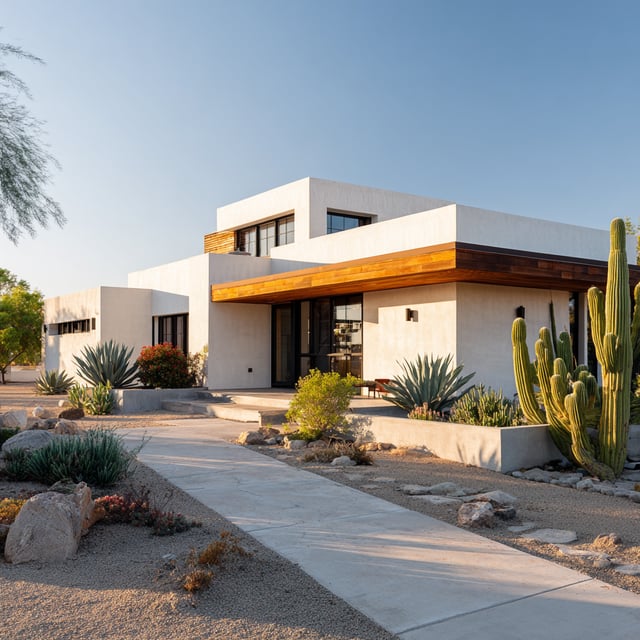 A modern, white stucco house with wood accents and large windows is surrounded by a xeriscaped front yard featuring various cacti and desert plants under a clear, bright sky.